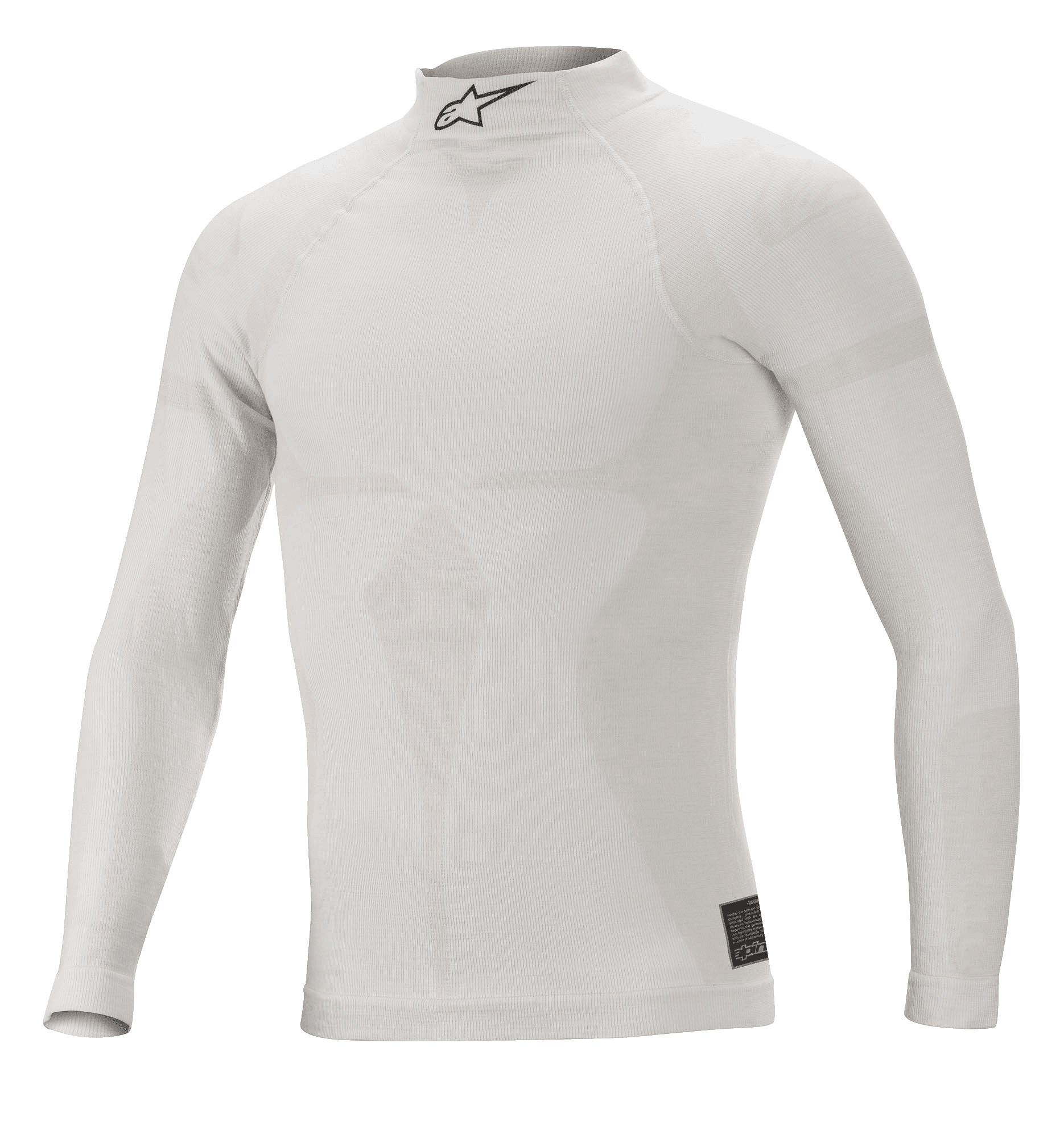 Alpinestars ZX Evo V2 Top de Manga Comprida, branco e cinzento, camada base para automobilismo resistente ao fogo, gola alta com logótipo Astars preto, construção sem costuras com padrão jacquard, roupa interior de performance leve e ajustada