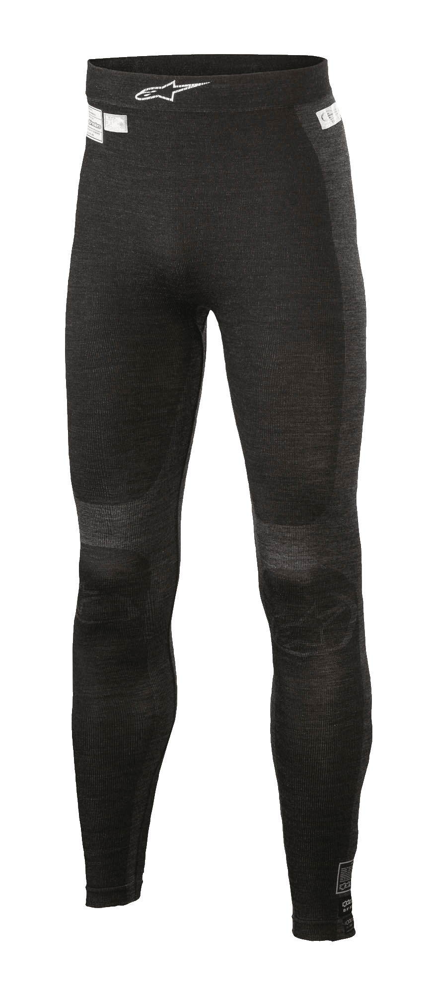 Alpinestars ZX Evo V2 Bottom, Racing Base Layer Pants, Black and Gray, ribbed texture with seamless construction, white Alpinestars logo on the waistband, flame-resistant performance gear for auto and kart racing