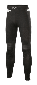 Alpinestars ZX Evo V2 Bottom, calças de camada base de competição, pretas e cinzentas, textura canelada com construção sem costuras, logótipo Alpinestars branco na cintura, equipamento de performance resistente às chamas para automobilismo e karting