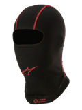 Alpinestars KX V2 Balaclava, camada de base para o verão sob o capacete, preta com costuras vermelhas, logótipo de estrela Alpinestars vermelho e texto "KEEP COOL", tecido fino e respirável para karting e desportos motorizados