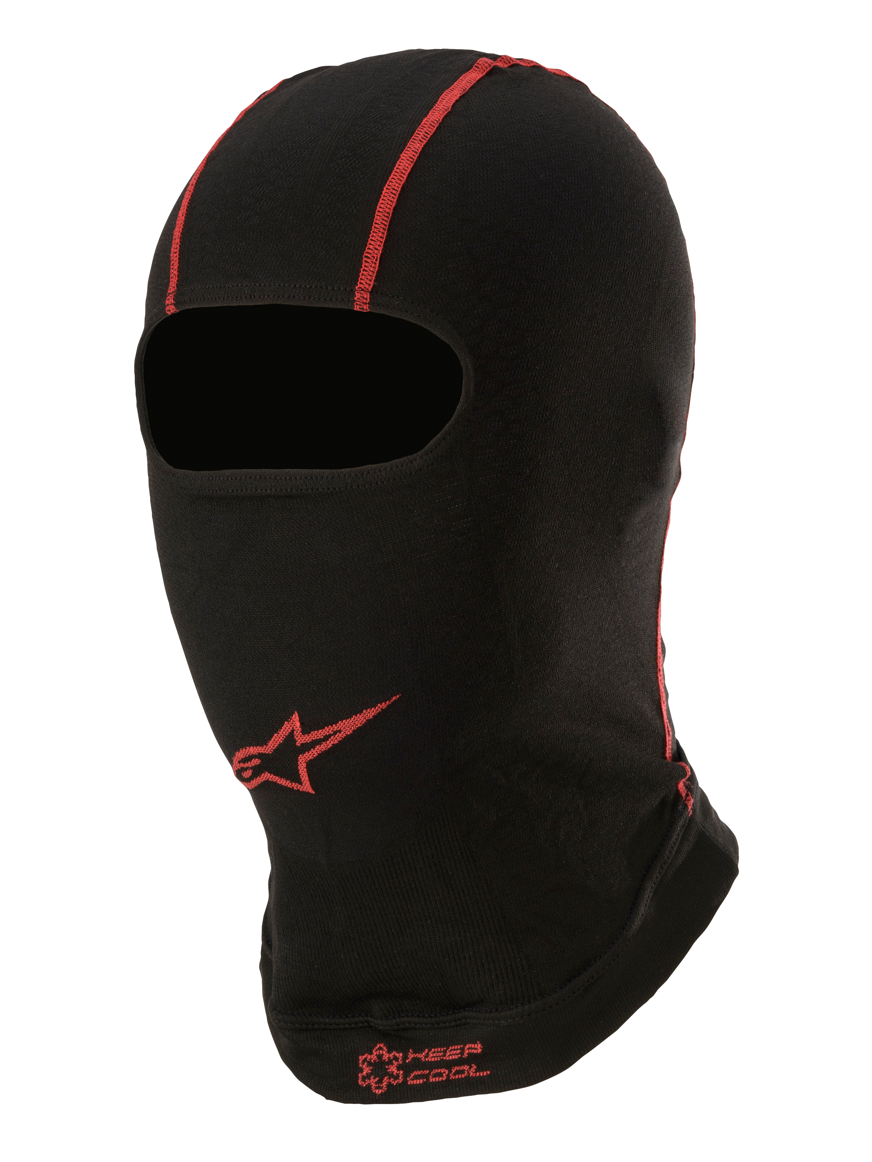 Alpinestars KX V2 Balaclava, camada de base para o verão sob o capacete, preta com costuras vermelhas, logótipo de estrela Alpinestars vermelho e texto "KEEP COOL", tecido fino e respirável para karting e desportos motorizados