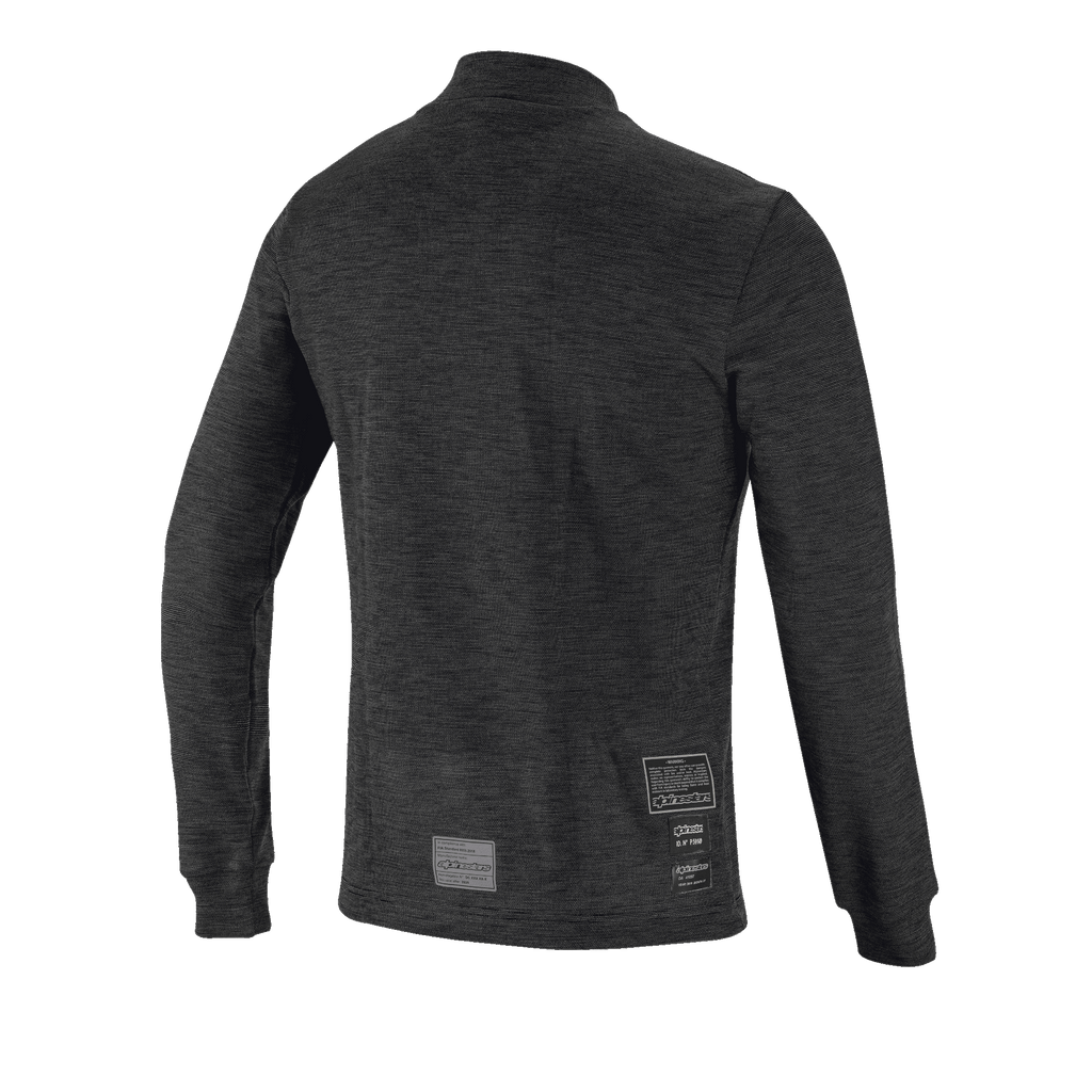 Top de Manga Comprida Alpinestars Race V3, vista traseira, camada de base preta resistente às chamas, com design em malha texturizada, mangas compridas com punhos canelados e etiquetas de homologação FIA na parte inferior das costas.
