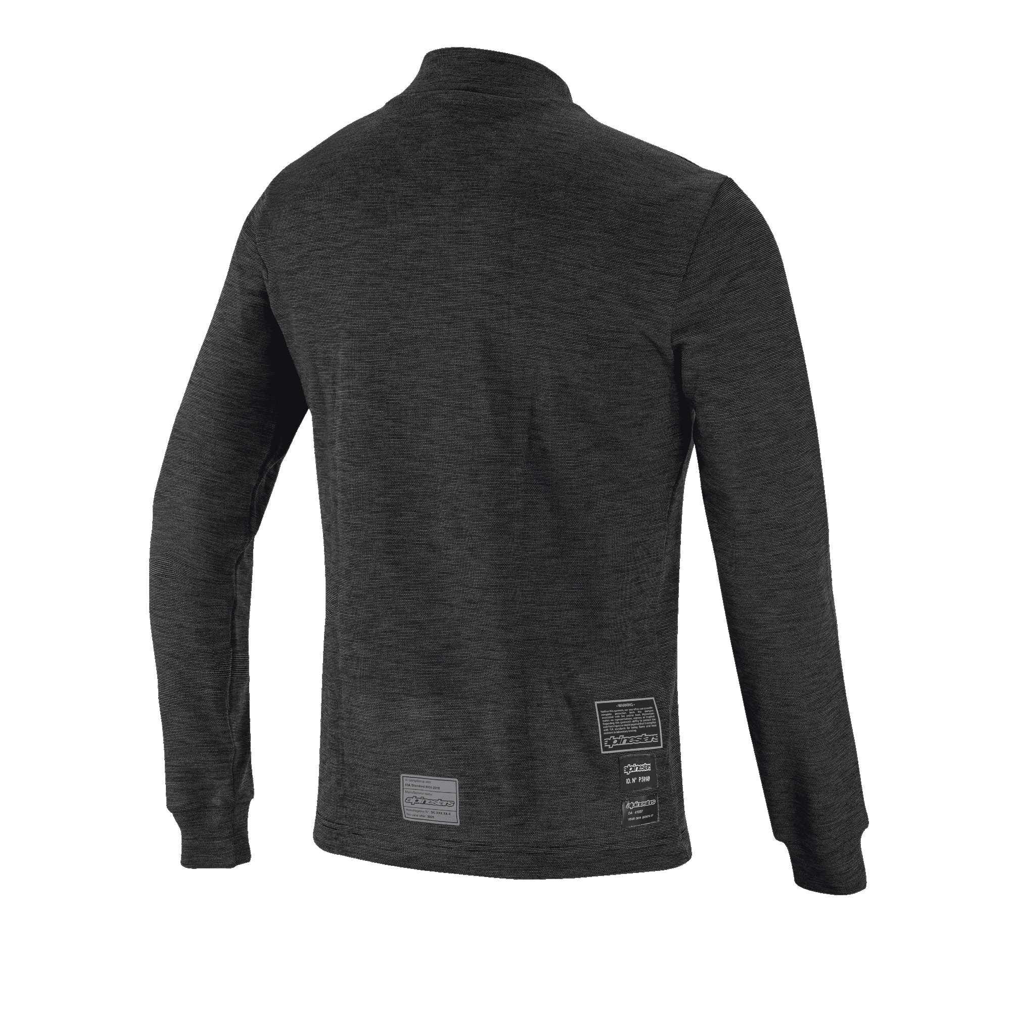 Top de Manga Comprida Alpinestars Race V3, vista traseira, camada de base preta resistente às chamas, com design em malha texturizada, mangas compridas com punhos canelados e etiquetas de homologação FIA na parte inferior das costas.