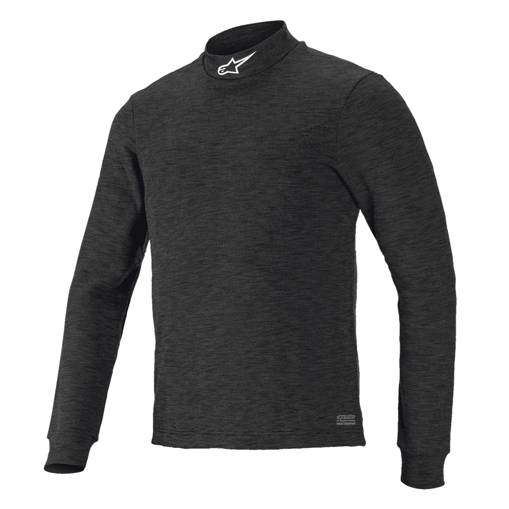 Alpinestars Race V3 Long Sleeve Top, camada de base preta texturizada, gola alta com logótipo branco, design ajustado, vestuário de performance para desportos motorizados resistente às chamas