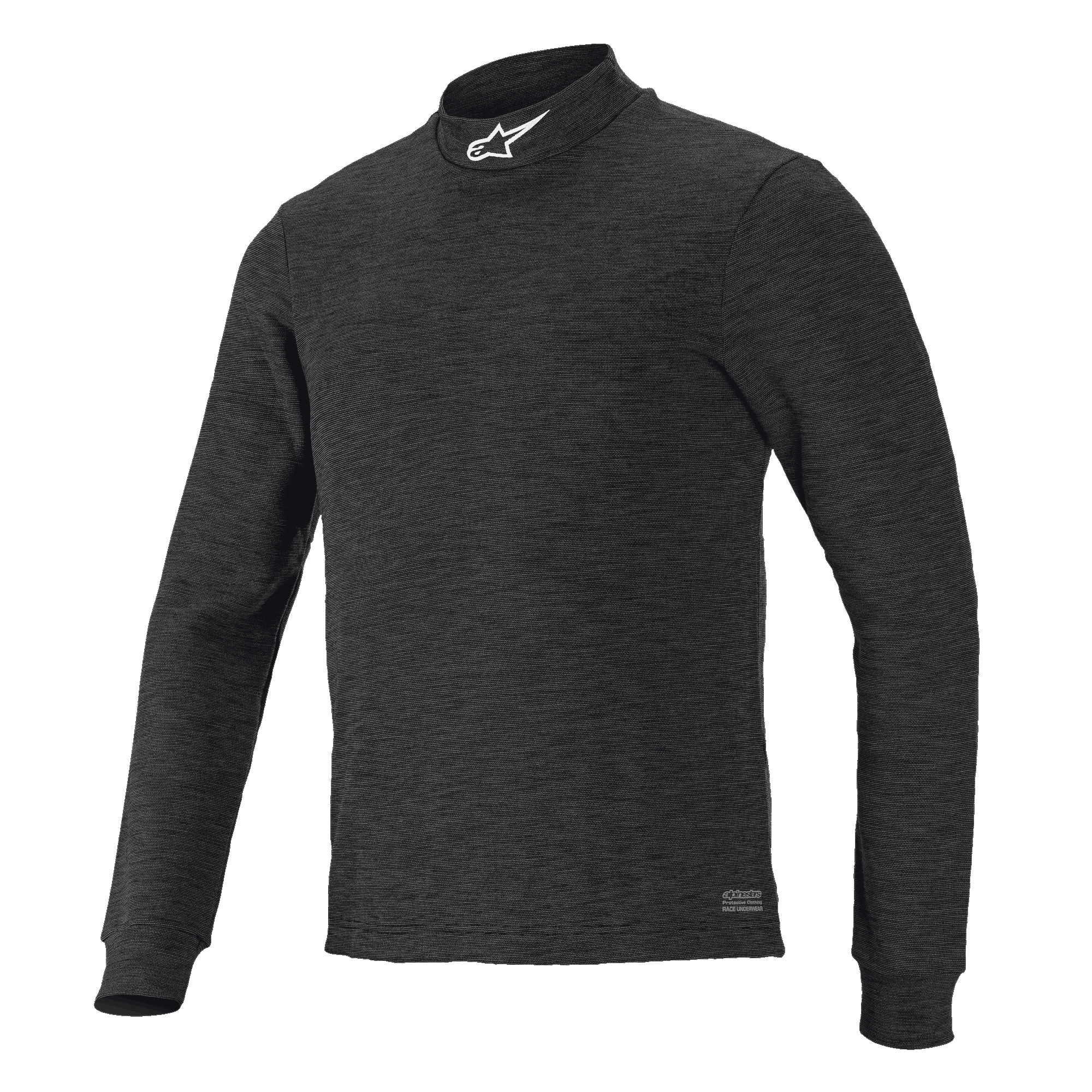 Alpinestars Race V3 Long Sleeve Top, camada de base preta texturizada, gola alta com logótipo branco, design ajustado, vestuário de performance para desportos motorizados resistente às chamas