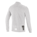 Top de Manga Comprida Alpinestars Race V3, camada base de automobilismo, branco, vista traseira mostrando etiquetas de homologação FIA 8856-2018 na parte inferior das costas, material de textura macia resistente ao fogo para proteção em desportos motorizados
