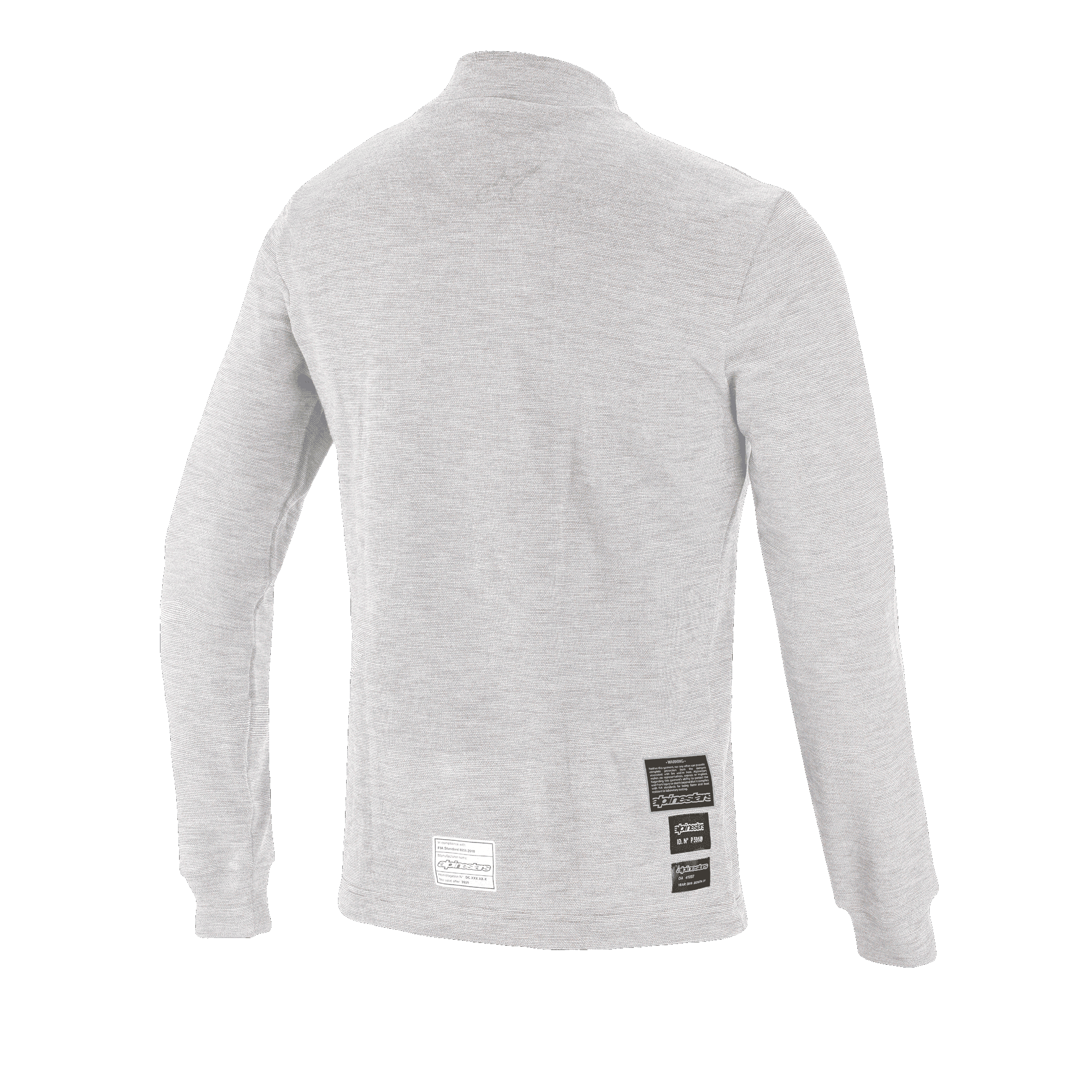 Top de Manga Comprida Alpinestars Race V3, camada base de automobilismo, branco, vista traseira mostrando etiquetas de homologação FIA 8856-2018 na parte inferior das costas, material de textura macia resistente ao fogo para proteção em desportos motorizados