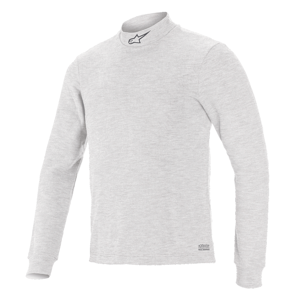 Alpinestars Race V3 Long Sleeve Top, camada base para automobilismo, branco, gola alta com logótipo pequeno, mangas compridas, tecido de toque suave e resistente às chamas, design atlético minimalista