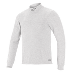 Alpinestars Race V3 Long Sleeve Top, camada base para automobilismo, branco, gola alta com logótipo pequeno, mangas compridas, tecido de toque suave e resistente às chamas, design atlético minimalista