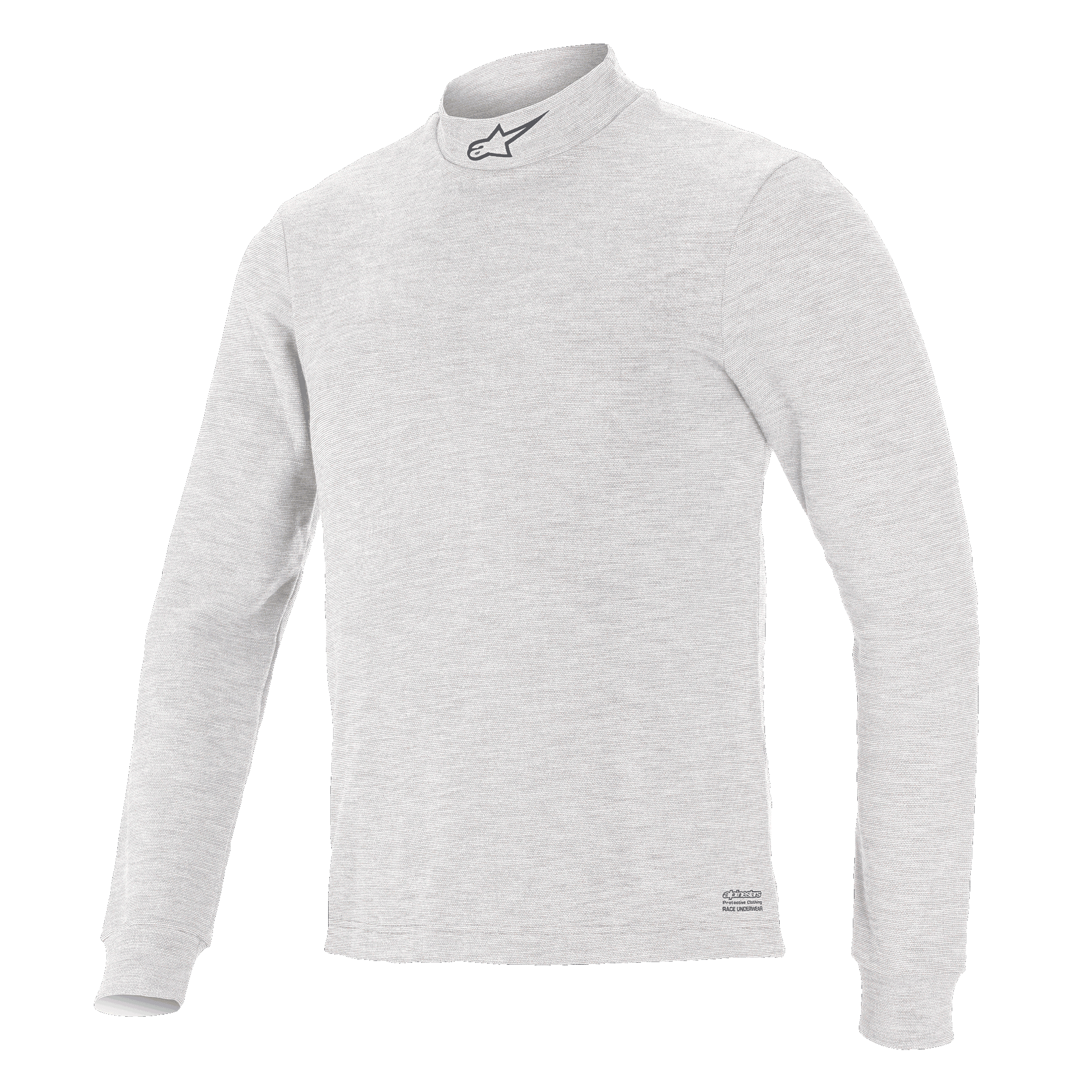 Alpinestars Race V3 Long Sleeve Top, camada base para automobilismo, branco, gola alta com logótipo pequeno, mangas compridas, tecido de toque suave e resistente às chamas, design atlético minimalista