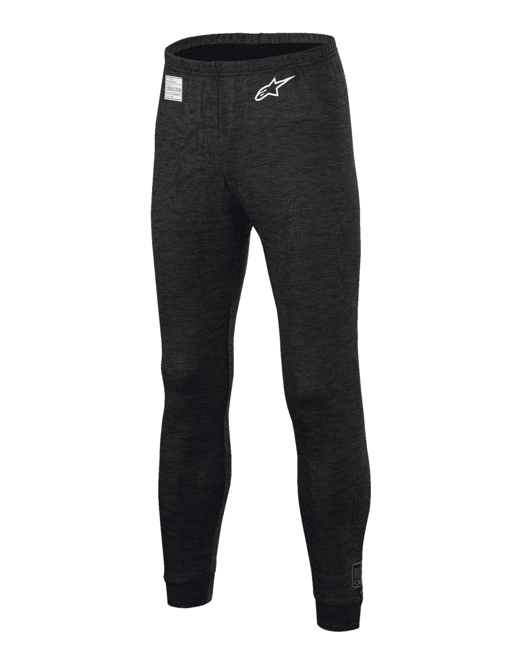Alpinestars Race V3 Bottom, calças de camada de base para automobilismo, pretas, com tecido texturizado resistente às chamas, logótipo de estrela branco na coxa, etiqueta de certificação FIA no cós, peça de roupa interior técnica para desportos motorizados profissionais
