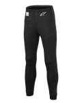 Alpinestars Race V3 Bottom, calças de camada de base para automobilismo, pretas, com tecido texturizado resistente às chamas, logótipo de estrela branco na coxa, etiqueta de certificação FIA no cós, peça de roupa interior técnica para desportos motorizados profissionais