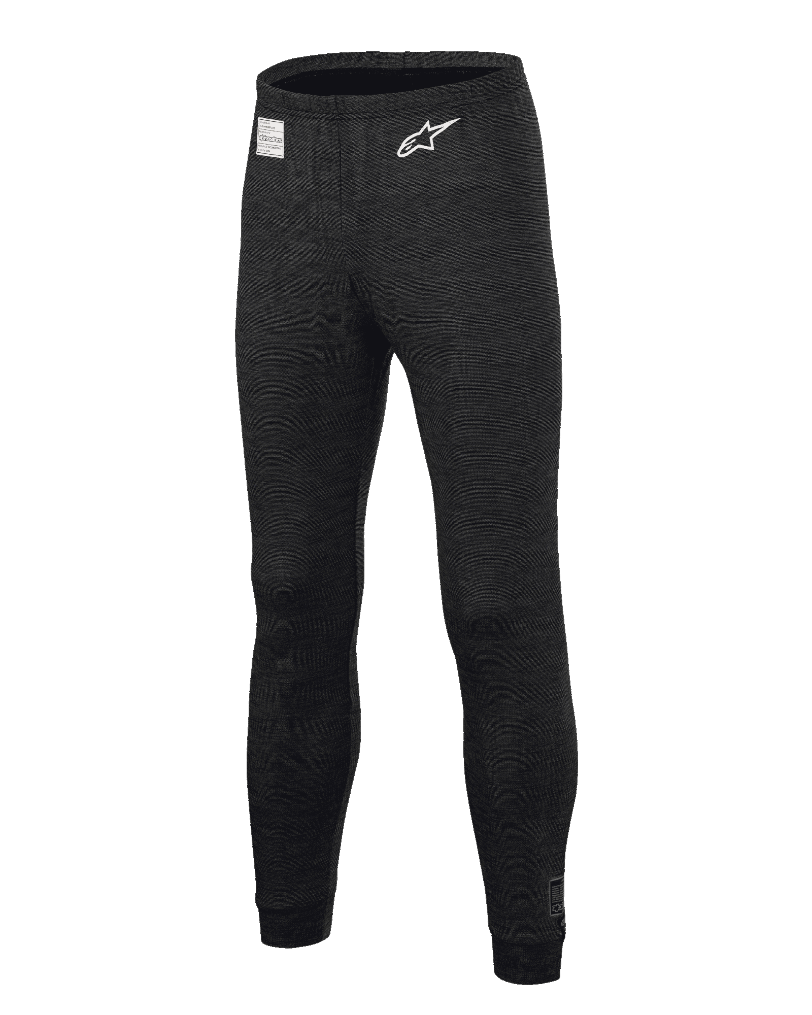Alpinestars Race V3 Bottom, calças de camada de base para automobilismo, pretas, com tecido texturizado resistente às chamas, logótipo de estrela branco na coxa, etiqueta de certificação FIA no cós, peça de roupa interior técnica para desportos motorizados profissionais