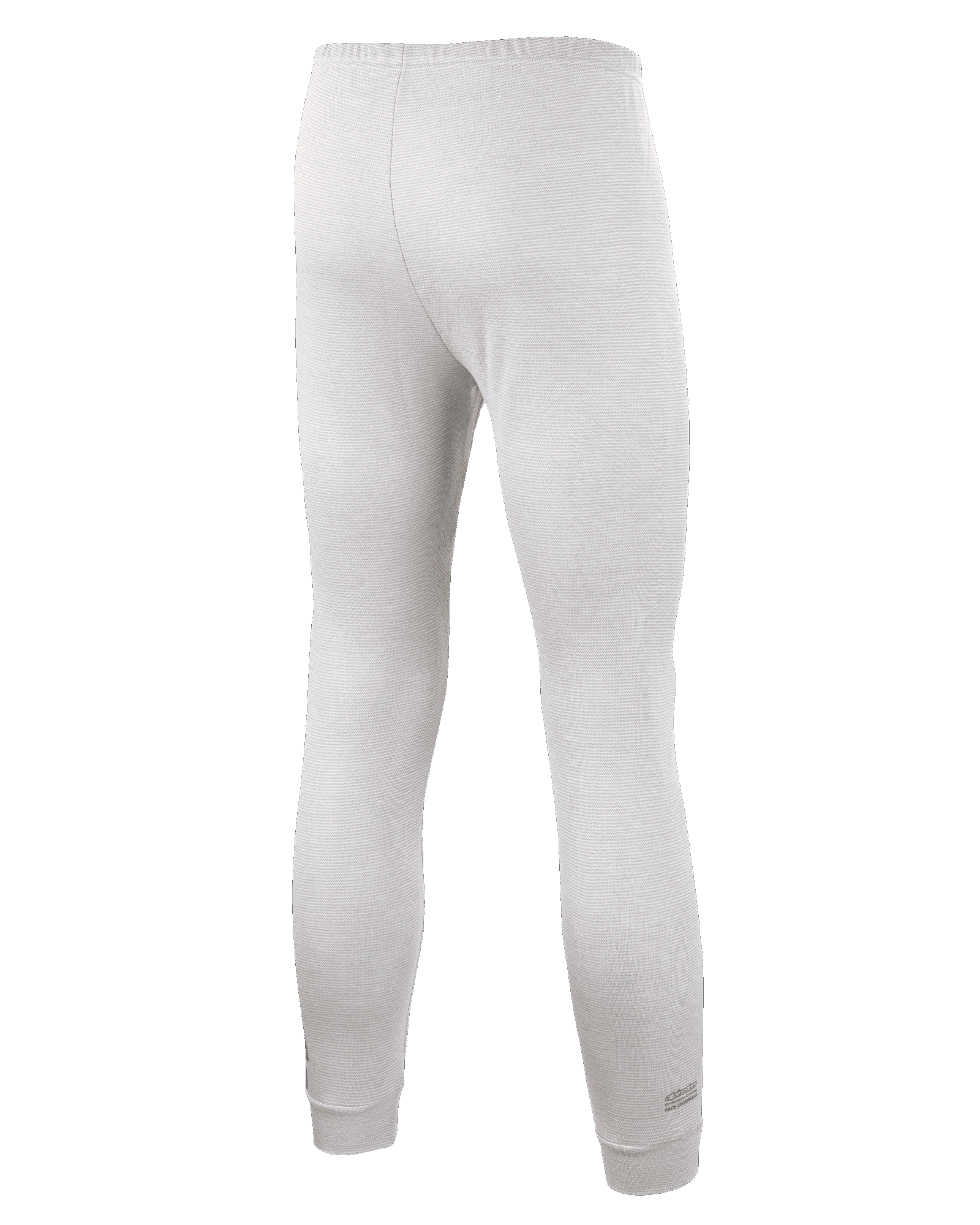 Alpinestars Race V3 Bottom, calças de camada base para automobilismo, brancas, vista traseira com tecido texturizado resistente ao fogo, cintura elástica e punhos dos tornozelos canelados, concebidas para uso profissional em desportos motorizados