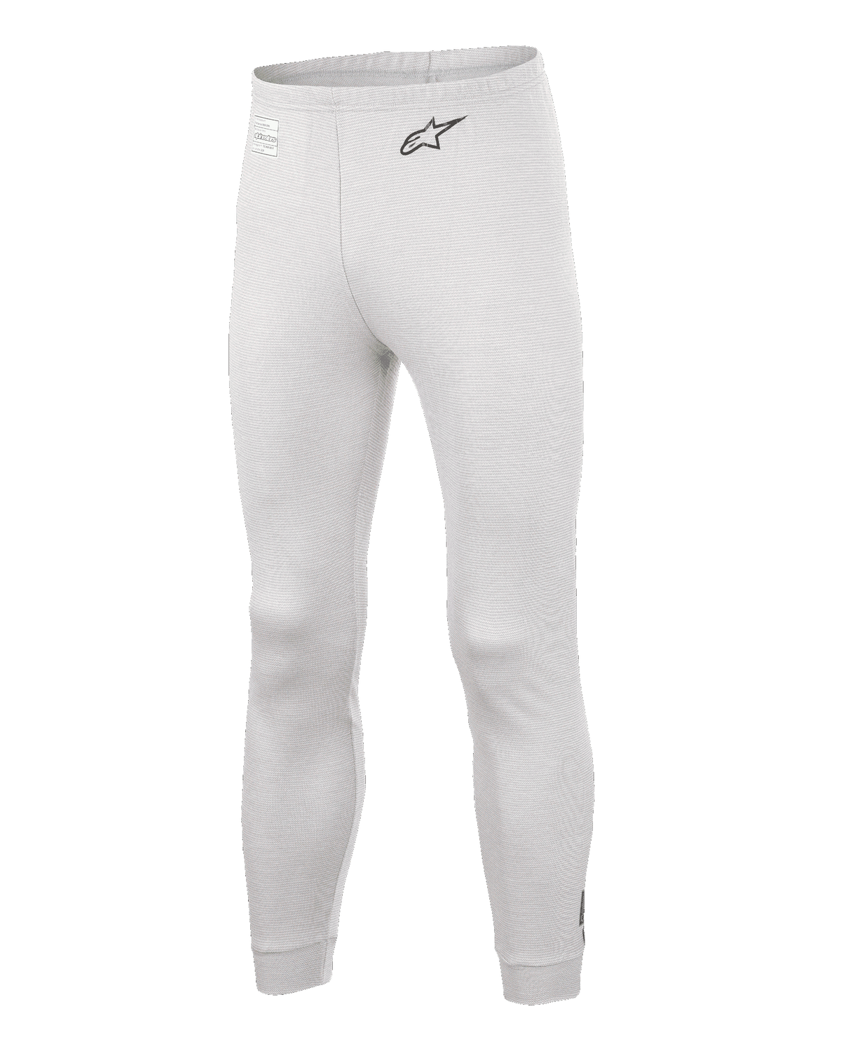 Alpinestars Race V3 Bottom, calças de camada base para automobilismo, brancas, material texturizado resistente ao fogo, logótipo A-star preto na anca, punhos nos tornozelos e cintura canelados, camada inferior técnica leve