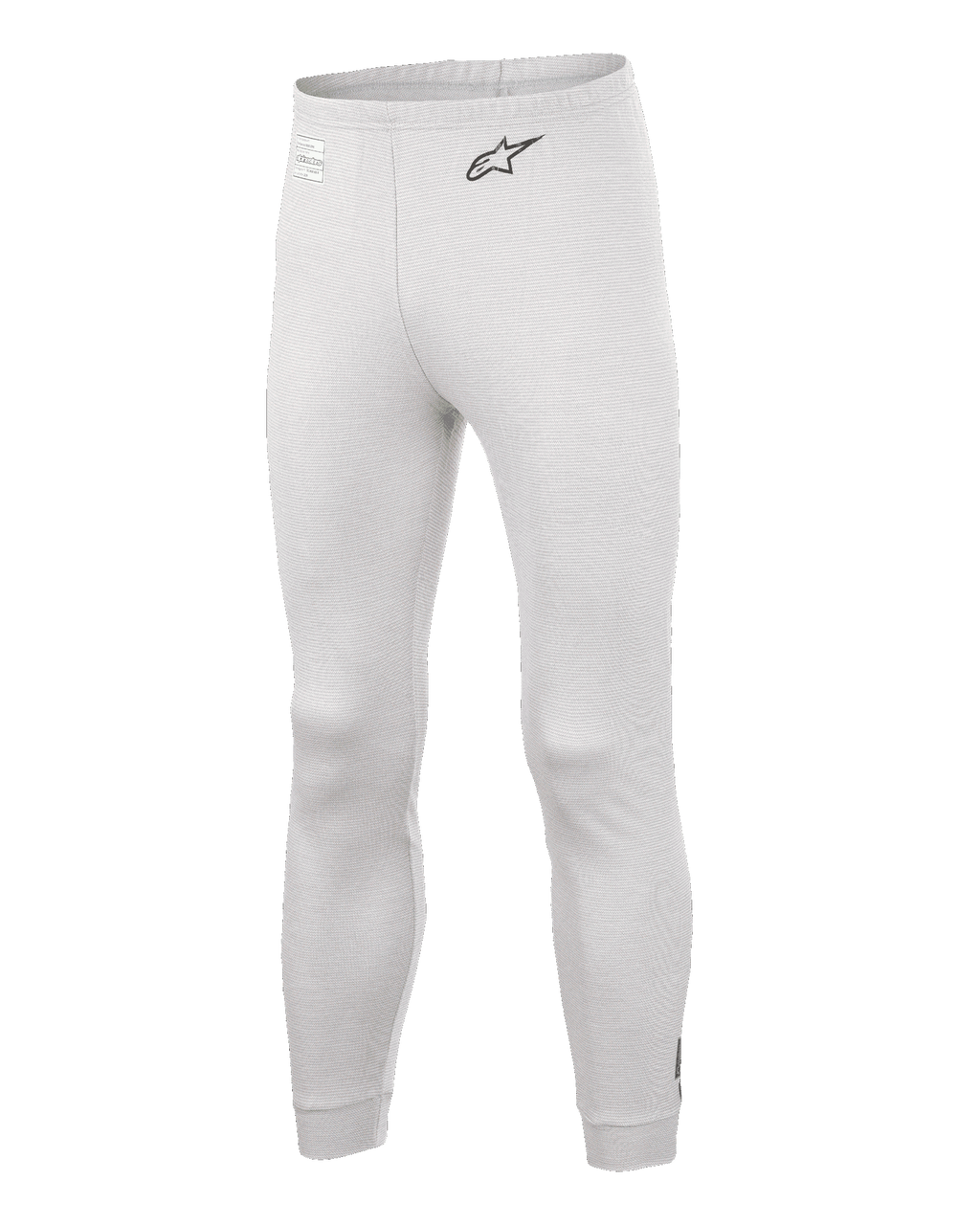 Alpinestars Race V3 Bottom, calças de camada base para automobilismo, brancas, material texturizado resistente ao fogo, logótipo A-star preto na anca, punhos nos tornozelos e cintura canelados, camada inferior técnica leve