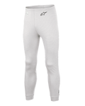 Alpinestars Race V3 Bottom, calças de camada base para automobilismo, brancas, material texturizado resistente ao fogo, logótipo A-star preto na anca, punhos nos tornozelos e cintura canelados, camada inferior técnica leve
