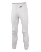 Alpinestars Race V3 Bottom, calças de camada base para automobilismo, brancas, material texturizado resistente ao fogo, logótipo A-star preto na anca, punhos nos tornozelos e cintura canelados, camada inferior técnica leve