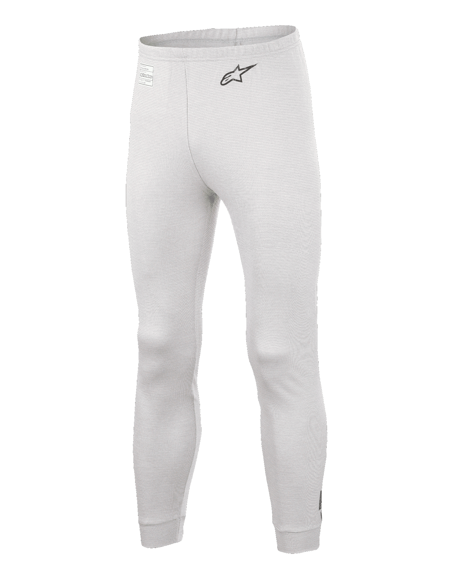Alpinestars Race V3 Bottom, calças de camada base para automobilismo, brancas, material texturizado resistente ao fogo, logótipo A-star preto na anca, punhos nos tornozelos e cintura canelados, camada inferior técnica leve