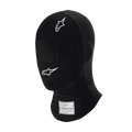 Alpinestars Race V3 Balaclava, balaclava de corrida automóvel preta resistente ao fogo, logótipos de estrela brancos na testa e na bochecha, etiqueta de certificação FIA no pescoço, tecido técnico leve com abertura para os olhos para proteção da cabeça em desportos motorizados