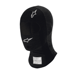 Alpinestars Race V3 Balaclava, Black flame-resistant auto racing balaclava, white star logos on forehead and cheek, FIA certification label on neck, lightweight technical fabric with eye opening for motorsport head protection