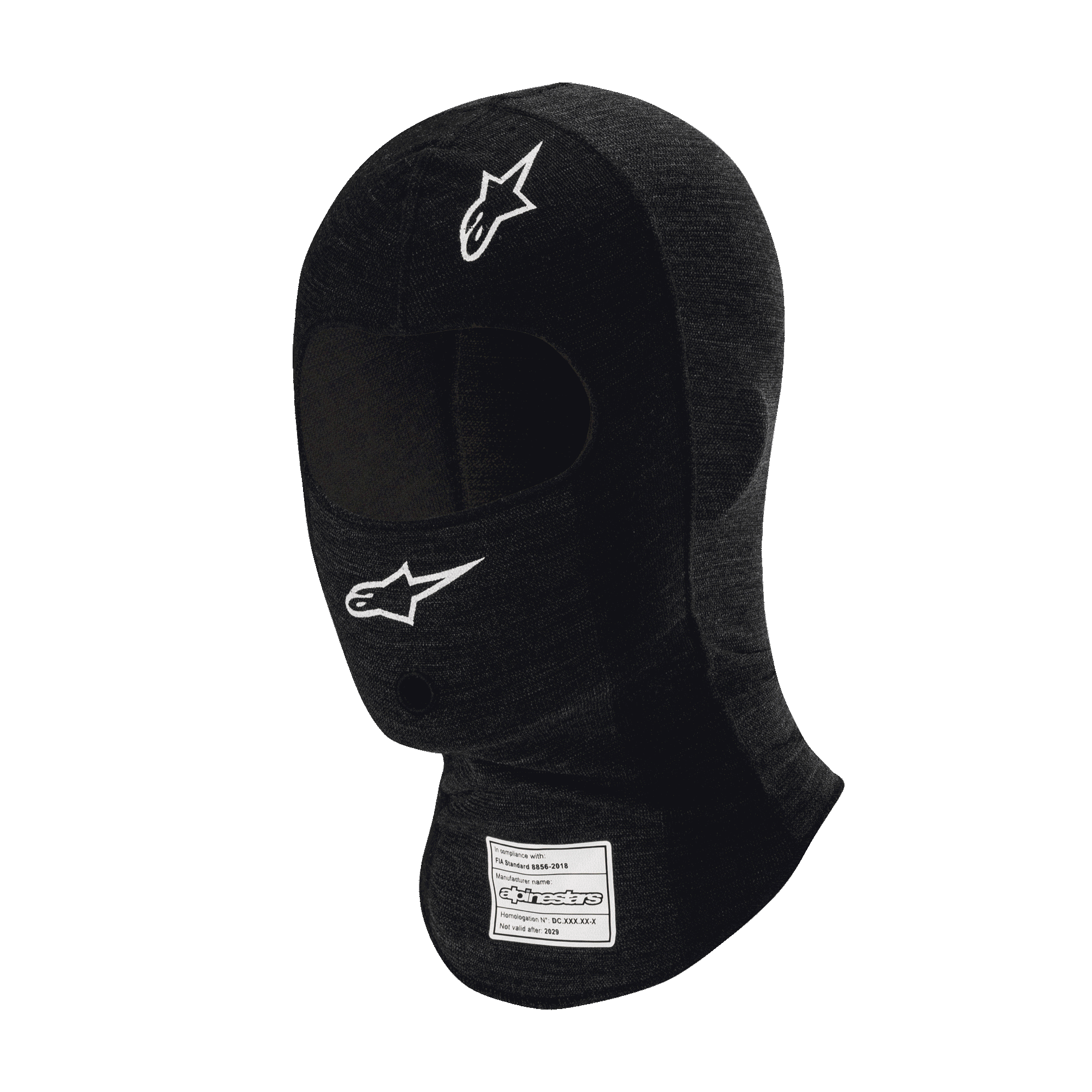 Alpinestars Race V3 Balaclava, balaclava de corrida automóvel preta resistente ao fogo, logótipos de estrela brancos na testa e na bochecha, etiqueta de certificação FIA no pescoço, tecido técnico leve com abertura para os olhos para proteção da cabeça em desportos motorizados