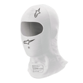 Alpinestars Race V3 Balaclava, branca, balaclava de automobilismo, com logótipos Alpinestars pretos, abertura oval ampla para os olhos, etiqueta de homologação FIA 8856-2018 e tecido leve resistente a chamas.