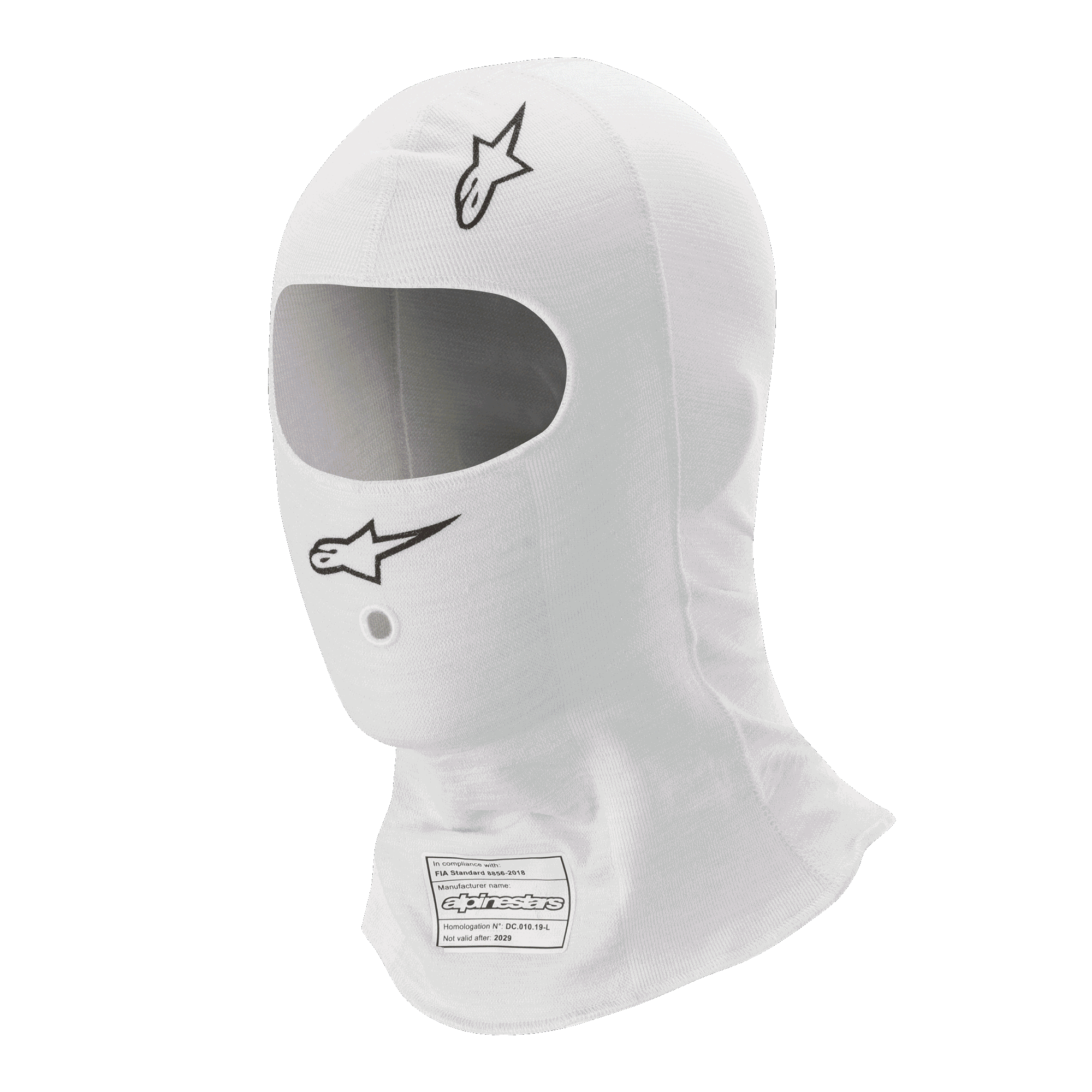 Alpinestars Race V3 Balaclava, branca, balaclava de automobilismo, com logótipos Alpinestars pretos, abertura oval ampla para os olhos, etiqueta de homologação FIA 8856-2018 e tecido leve resistente a chamas.