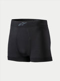 Alpinestars TECH ZX Boxer, roupa interior de base para automobilismo, preto, com logótipo Alpinestars cinzento no cós, tecido leve resistente às chamas, vestuário de desporto motorizado com certificação FIA 8856-2018