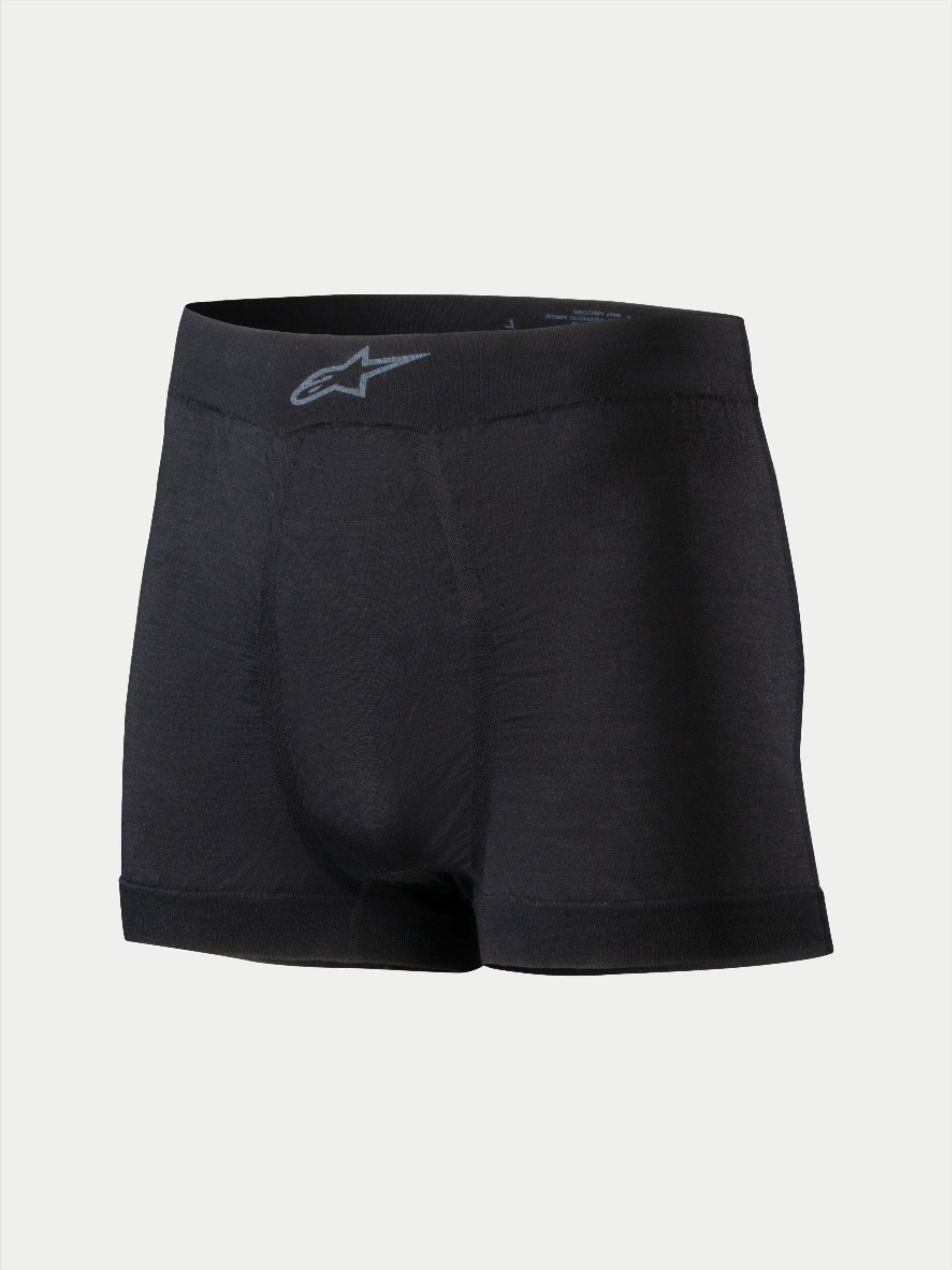 Alpinestars TECH ZX Boxer, roupa interior de base para automobilismo, preto, com logótipo Alpinestars cinzento no cós, tecido leve resistente às chamas, vestuário de desporto motorizado com certificação FIA 8856-2018