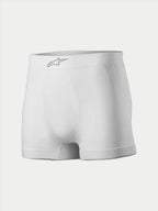 Boxers Alpinestars TECH ZX, roupa interior para automobilismo, brancos, com logótipo Alpinestars prateado no cós frontal, tecido leve resistente ao fogo, camada base para desportos motorizados