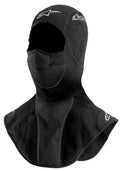 Alpinestars Winter Balaclava, balaclava de moto para tempo frio, preta, com peitilho estendido em fleece para pescoço e peito, painel de boca perfurado respirável e detalhes de logótipo impresso em branco