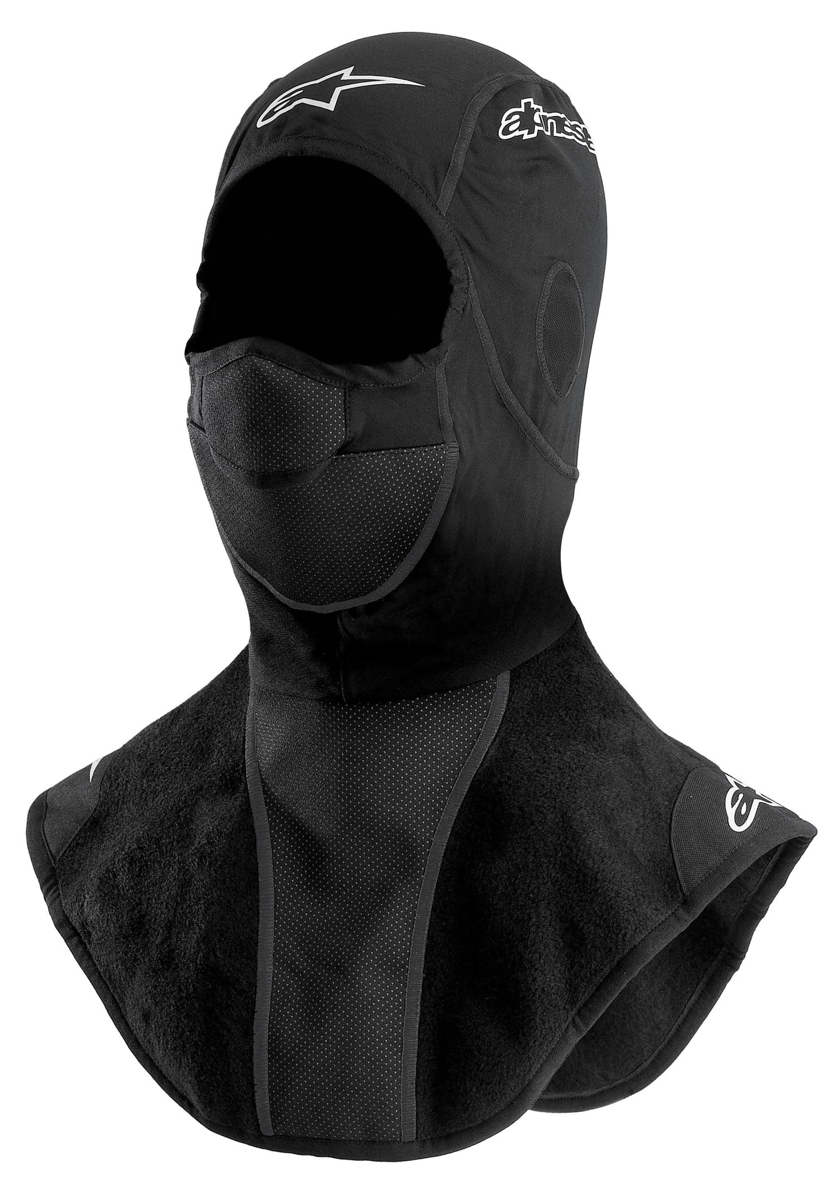 Alpinestars Winter Balaclava, balaclava de moto para tempo frio, preta, com peitilho estendido em fleece para pescoço e peito, painel de boca perfurado respirável e detalhes de logótipo impresso em branco