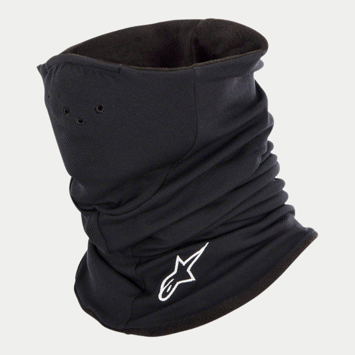 Alpinestars Tech Neck Warmer, Black, motorcycle neck gaiter with fleece lining, featuring a white embroidered Alpinestars logo, small air holes for breathability, and elasticated construction for wind protection
