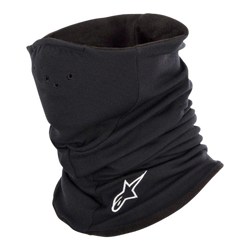 Alpinestars Tech Neck Warmer in Black, motorcycle neck tube with white embroidered logo, featuring perforated air holes and a double-layered fleece lining for thermal protection and wind-chill resistance.