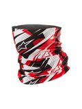 Alpinestars Neck Tube, Motorcycle Neck Gaiter, Red Black and White, dynamic abstract pattern with blurred lines and star logos, lightweight silky-feel fabric, motorcycling and outdoor activity accessory