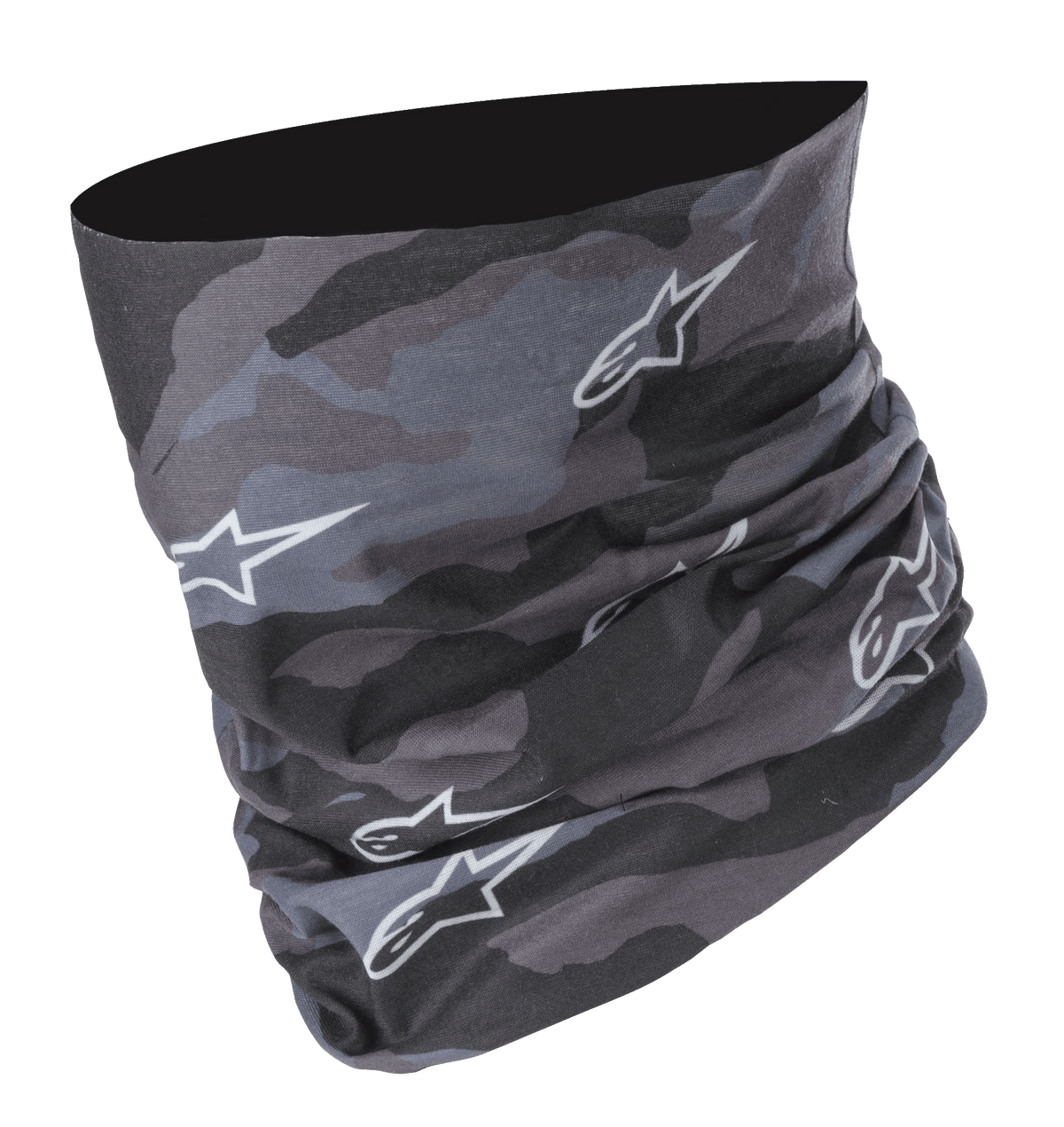 Alpinestars Tactical Neck Tube em Black Tar Gray, padrão de camuflagem digital com logótipos de estrela brancos, construção em microfibra sem costuras, gola de pescoço versátil para motociclismo e cobertura de camada base