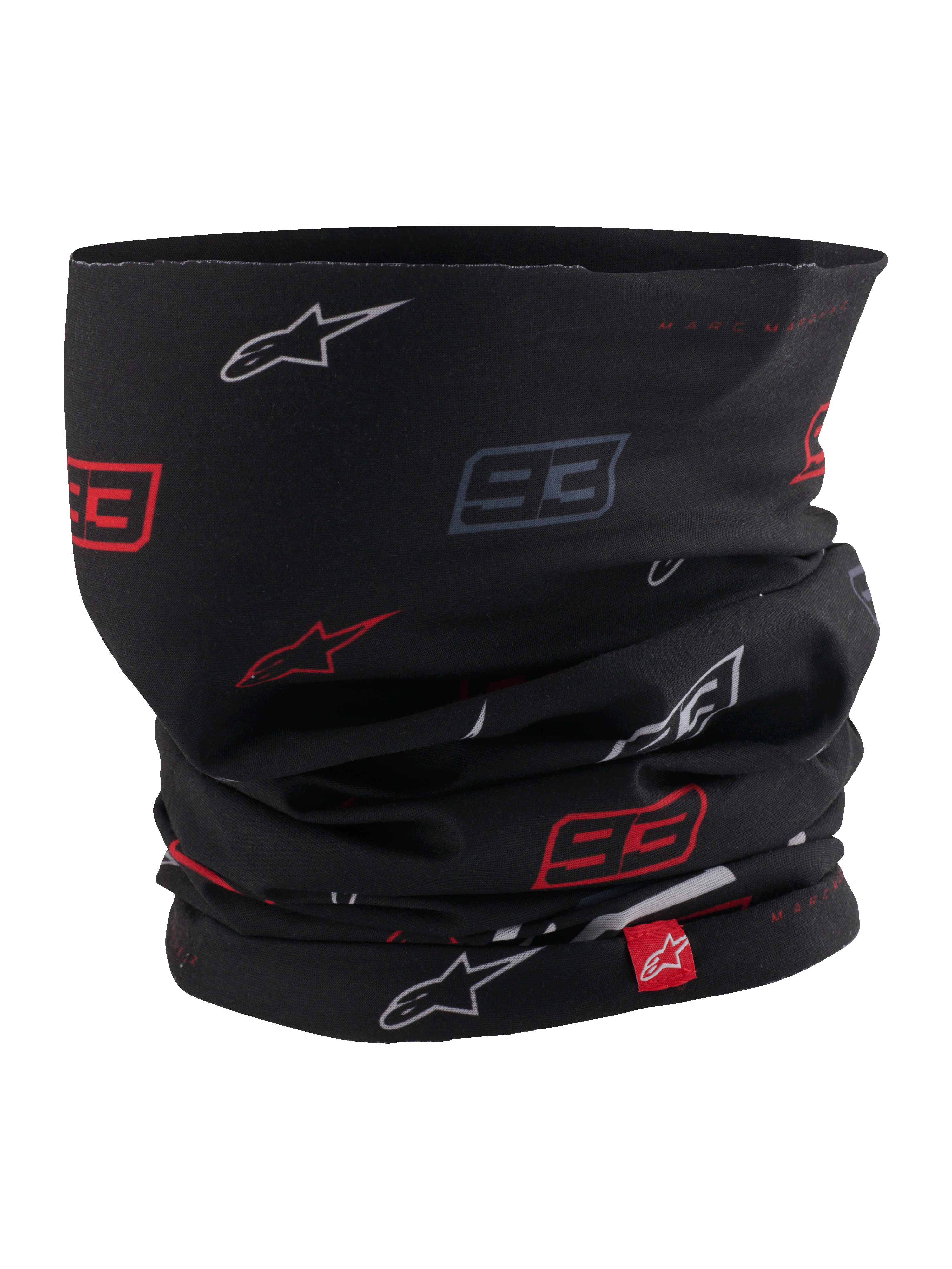 Alpinestars MM93 Neck Tube, motorcycle neck gaiter, Black with red and white Marc Márquez 93 and star logo pattern, lightweight stretchy fabric, featuring a small red Alpinestars brand tag