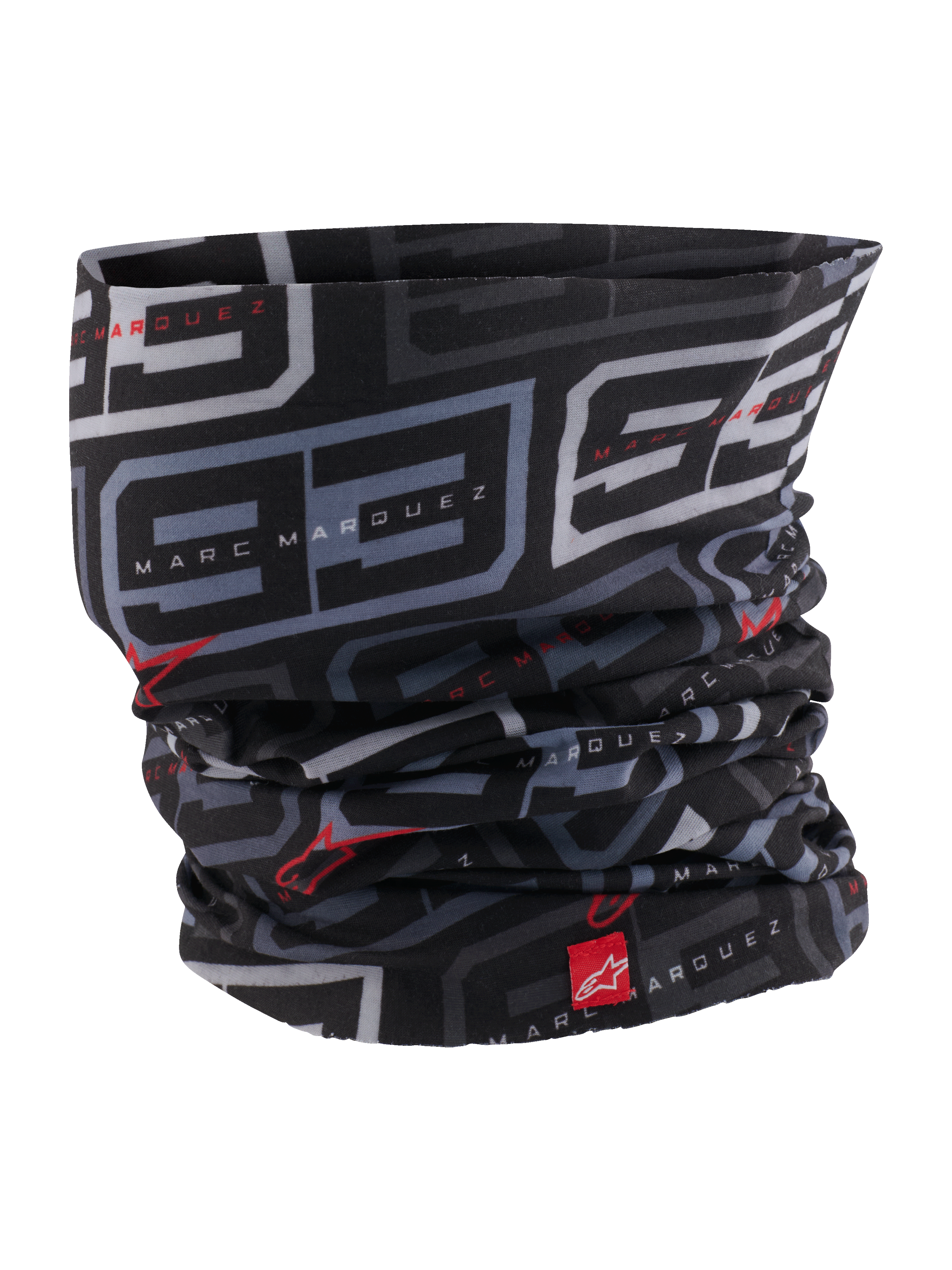 Alpinestars MM93 Neck Tube, Motorcycle Neck Gaiter, Black Anthracite and Bright Red, featuring a recurring gray '93' pattern and Marc Marquez branding, red Alpinestars logos, lightweight silky fabric for spring and summer road riding