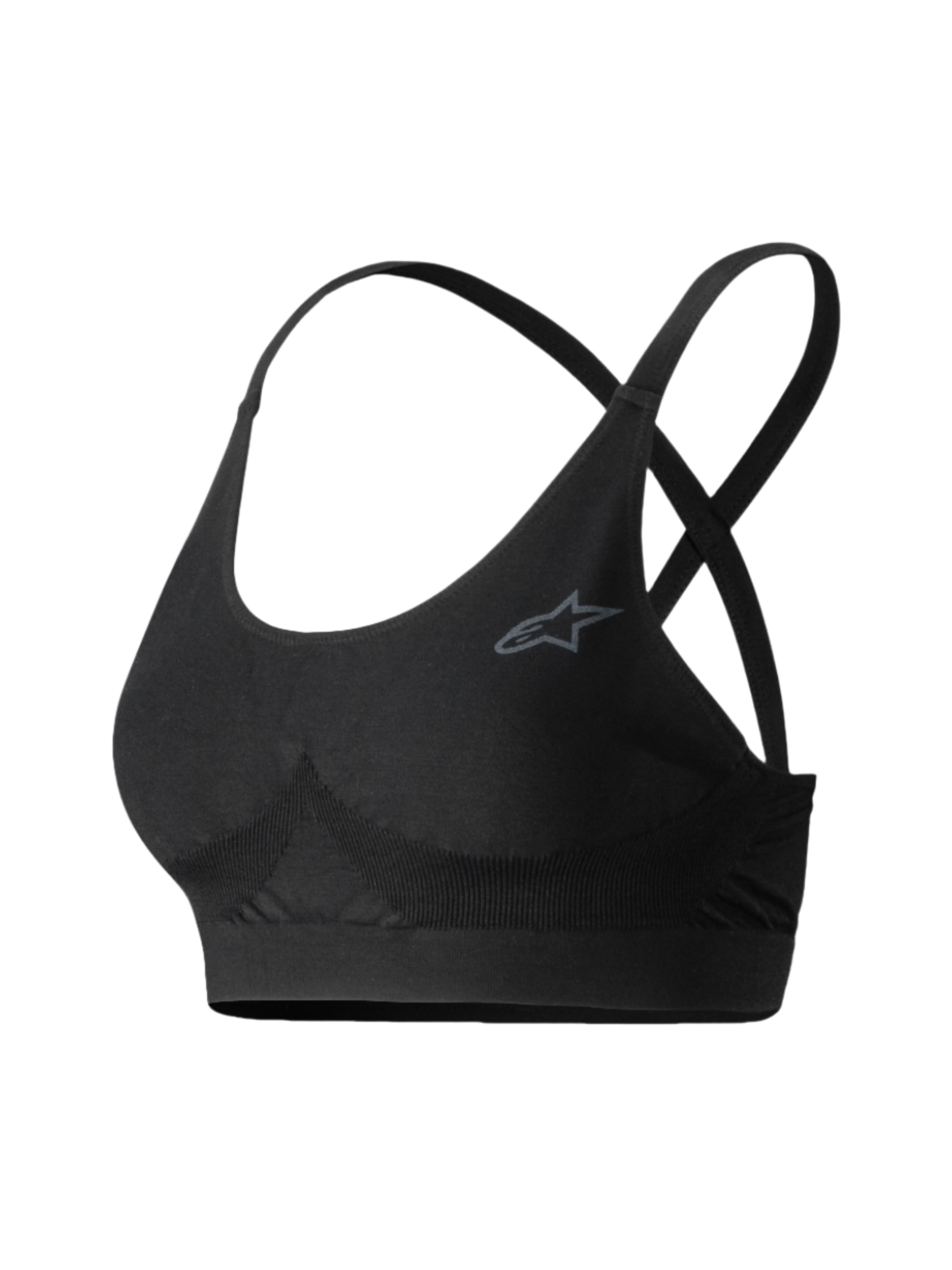 Alpinestars Stella TECH ZX Bra, Auto Racing Base Layer Top, Black, featuring criss-cross straps and grey logo, women's flame-resistant motorsport underwear