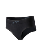 Cuecas Alpinestars Stella TECH ZX, roupa íntima feminina de competição, pretas, com um pequeno logótipo cinzento da Alpinestars no cós, material de malha leve resistente ao fogo, camada base com certificação FIA 8856-2018