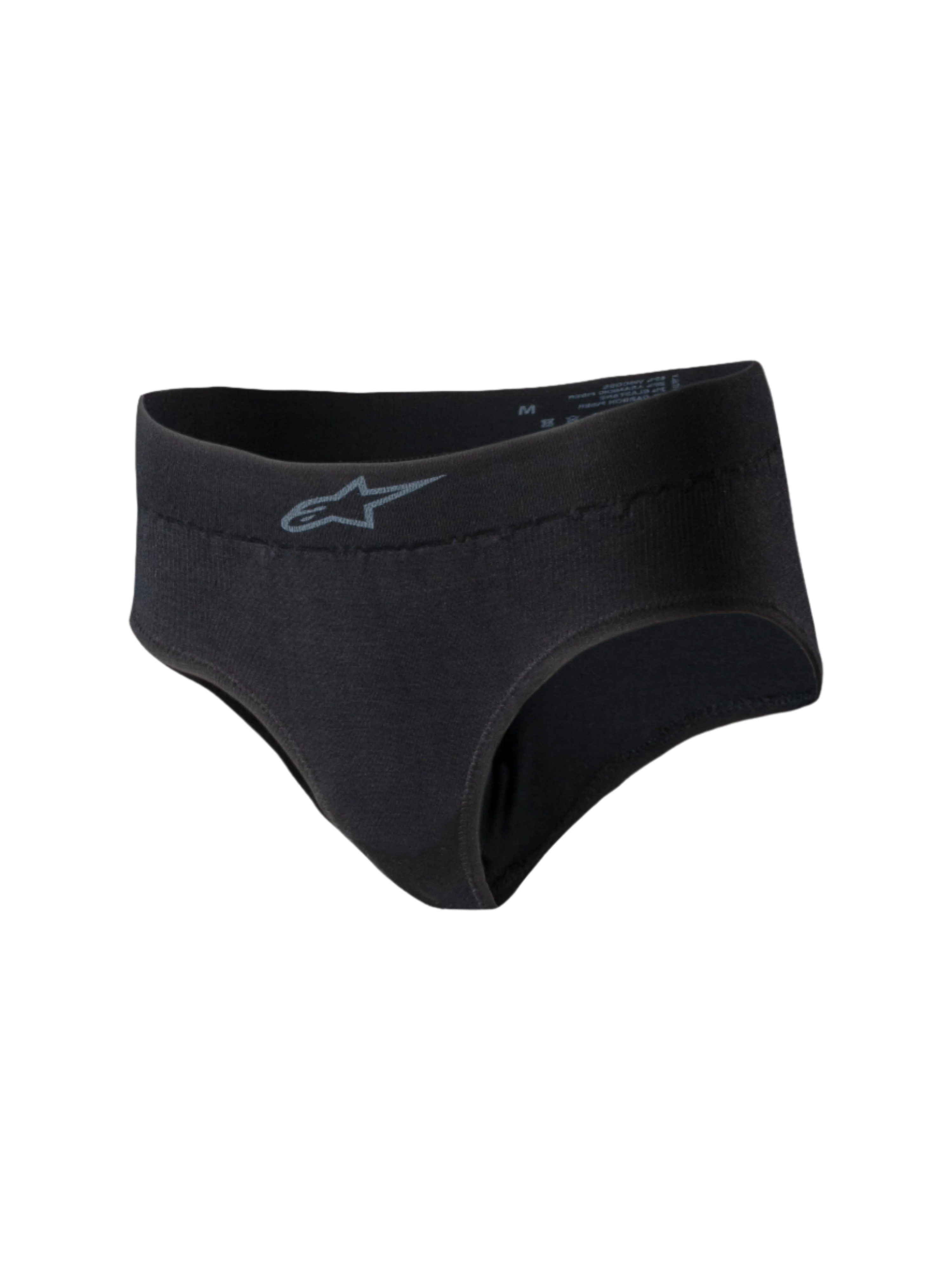 Cuecas Alpinestars Stella TECH ZX, roupa íntima feminina de competição, pretas, com um pequeno logótipo cinzento da Alpinestars no cós, material de malha leve resistente ao fogo, camada base com certificação FIA 8856-2018