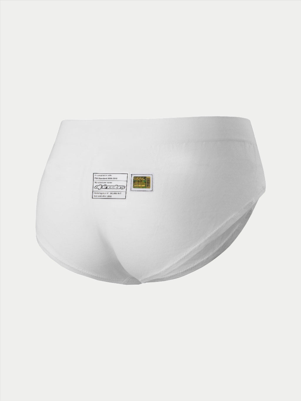 Alpinestars Stella TECH ZX Briefs, roupa interior de competição para mulher, brancas, vista traseira com etiquetas de certificação FIA 8856-2018 e logótipo Alpinestars, camada de base leve e resistente ao fogo para desporto motorizado