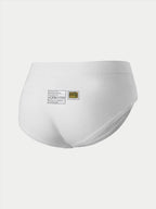 Alpinestars Stella TECH ZX Briefs, roupa interior de competição para mulher, brancas, vista traseira com etiquetas de certificação FIA 8856-2018 e logótipo Alpinestars, camada de base leve e resistente ao fogo para desporto motorizado