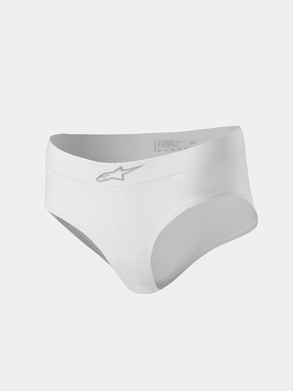 Alpinestars Stella TECH ZX Briefs, cuecas de corrida femininas, brancas, com logótipo de estrela prateado na cintura frontal, camada de base resistente ao fogo com certificação FIA 8856-2018, vestuário técnico para desportos motorizados