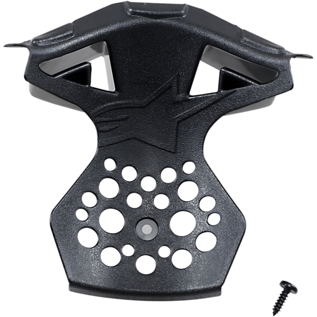 Alpinestars Supertech M10/M8 Helmet Chin Vent Frame, Black replacement part with star logo, textured plastic construction with ventilation holes, includes mounting screw