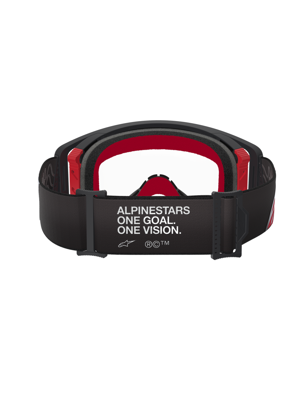 Óculos Alpinestars Supertech Corp, óculos de motocross, pretos e vermelhos com lente transparente, vista traseira mostrando a tira preta larga com o branding "ALPINESTARS ONE GOAL. ONE VISION." em branco, espuma facial multicamada e detalhes vermelhos na armação