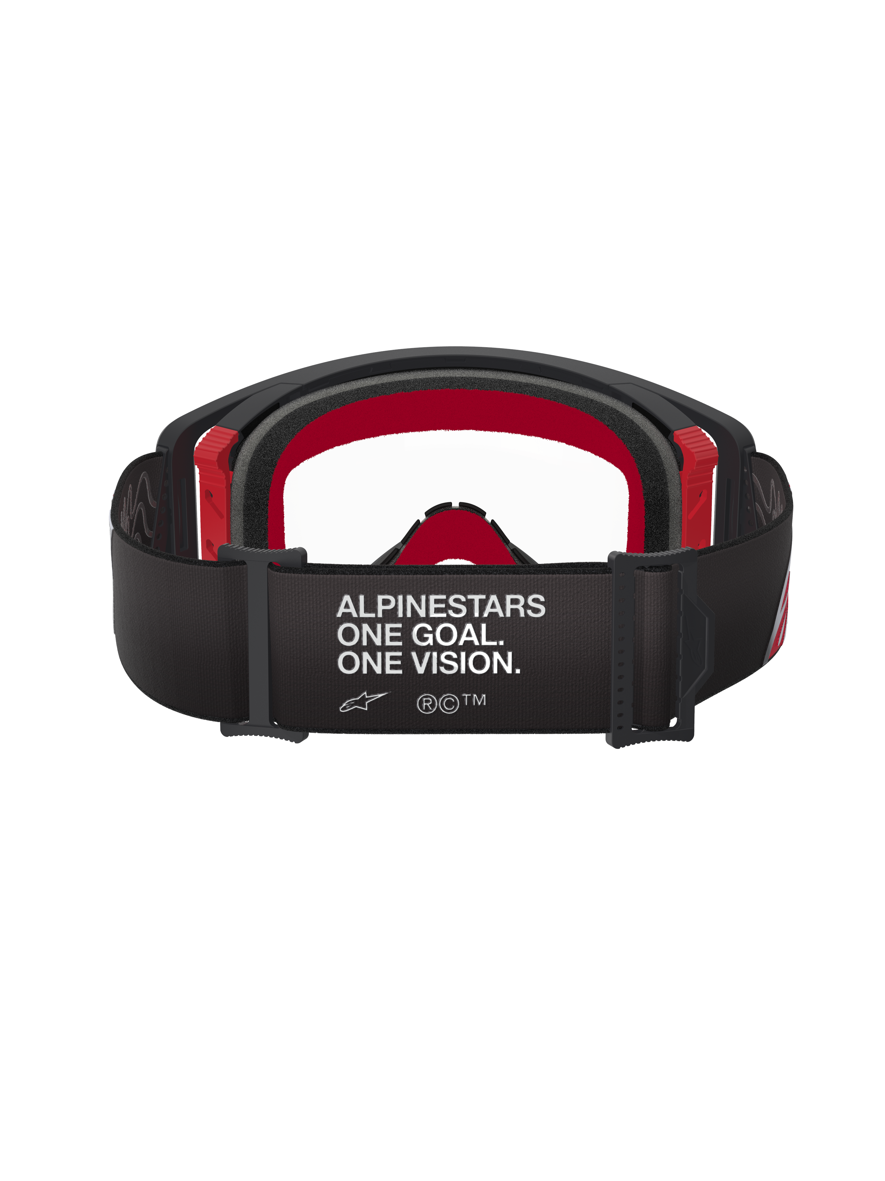 Óculos Alpinestars Supertech Corp, óculos de motocross, pretos e vermelhos com lente transparente, vista traseira mostrando a tira preta larga com o branding "ALPINESTARS ONE GOAL. ONE VISION." em branco, espuma facial multicamada e detalhes vermelhos na armação