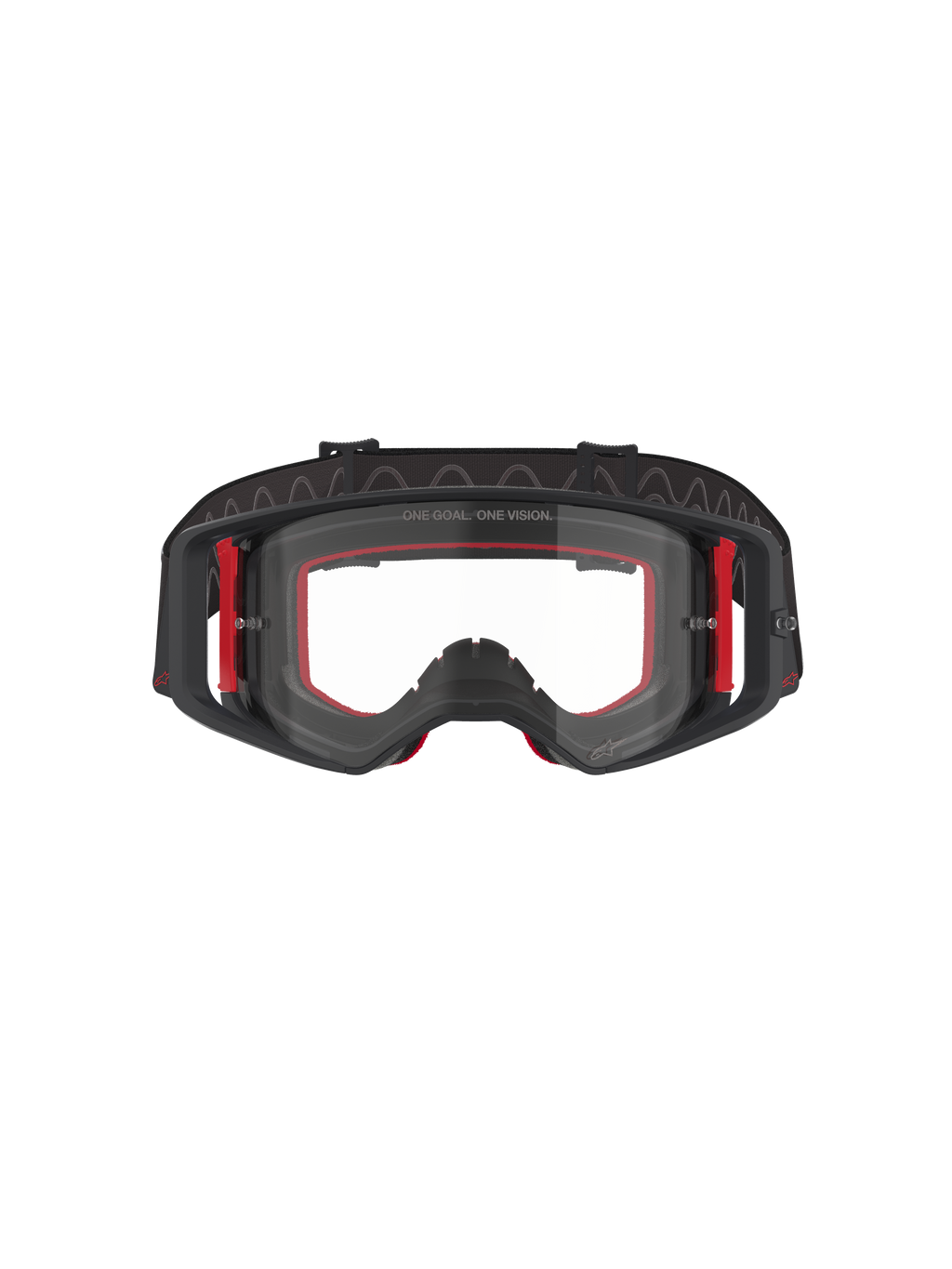 Alpinestars Supertech Corp Goggles, óculos de motocross, pretos, vermelhos e transparentes, vista frontal, lente transparente com o texto 'ONE GOAL. ONE VISION.', armação preta com detalhes laterais vermelhos, amplo campo de visão, correia durável com aderência de silicone ondulado