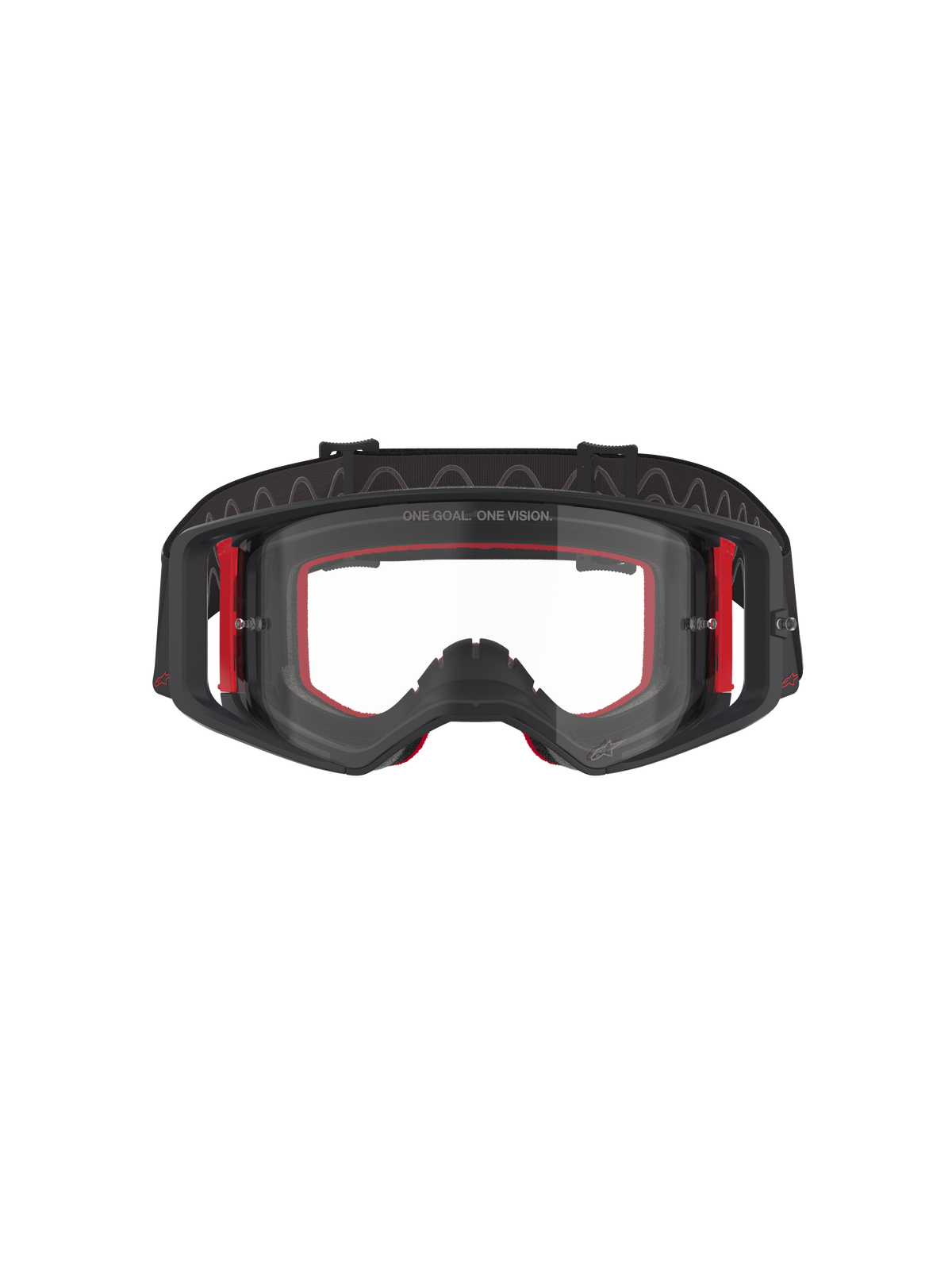 Alpinestars Supertech Corp Goggles, óculos de motocross, pretos, vermelhos e transparentes, vista frontal, lente transparente com o texto 'ONE GOAL. ONE VISION.', armação preta com detalhes laterais vermelhos, amplo campo de visão, correia durável com aderência de silicone ondulado